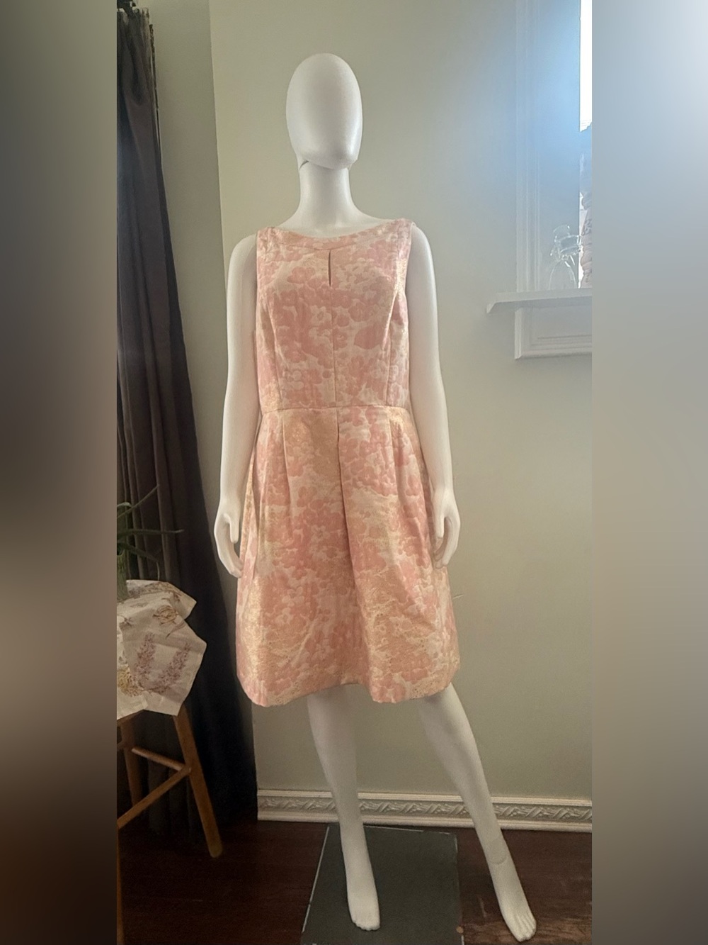Tahari ASL Sleeveless Pink Floral Jacquard Midi Dress with Pleated Waistline